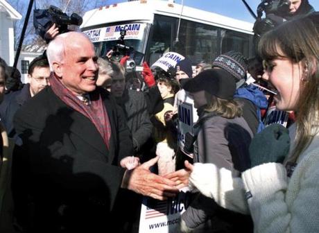 Senator John McCain stepped off his campaign bus in front of Exeter High School, and into a sea of students in Exeter, NH.
